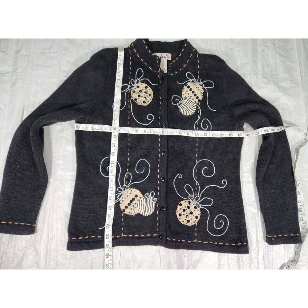 TimberLea Vintage Christmas Black Sweater Embellished Cardigan Small S Ornaments - Picture 4 of 8